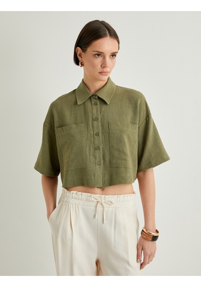 Koton Crop Oversize Gömlek Viskon Keten Karışımlı Düğmeli Kısa Kollu Cepli Haki 4sak60415pw Haki Koton Crop Oversize Gömlek Viskon Keten Karışımlı Düğmeli Kısa Kollu Cepli Haki 4sak60415pw Haki
