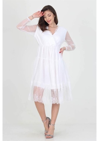 Dip Moda Kadın Kruvaze Yaka Eteği Güpürlü Elbise Dpnb0010 Beyaz