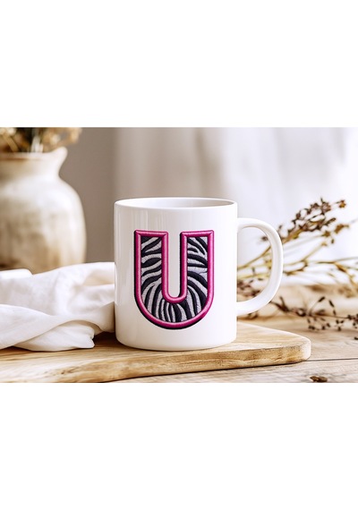 U Harfi Zebra Deseni Ve Pembe Kenarlı Kupa Bardak - Kişiye Özel Nakış Efektli - Siyah Beyaz Pembe Beyaz