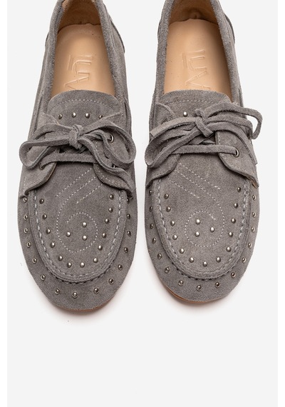Luvishoes Cuesta Gri Süet Hakiki Deri Troklu Bağcıklı Kadın Loafer Ayakkabı