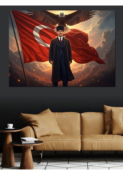 Bayrak Önünde Atatürk Ve Kartal Dekoratif Kanvas - Mdf Ahşap Tablo