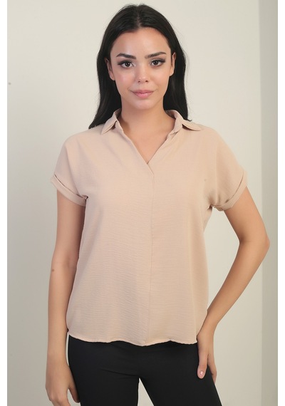 By Saygı Polo Yaka Duble Kol Ayrobin Bluz Bej