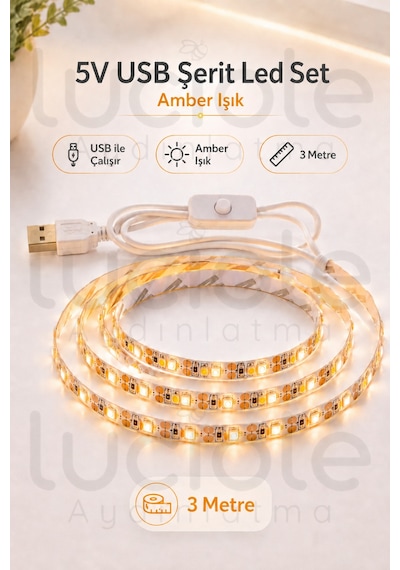 3 Metre 5v Usb Amber Şerit Led Anahtarlı Mutfak Tezgah Altı Tv Masa Kamp Powerbank Sıcak Işık