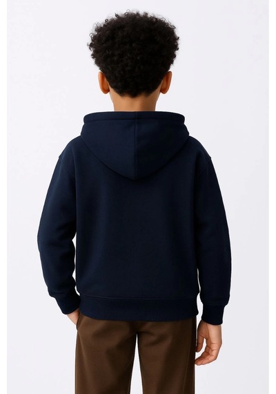 Erkek Çocuk Kapüşonlu Kanguru Cepli Tam Fermuarlı Hırka Sweatshirt - Lacivert