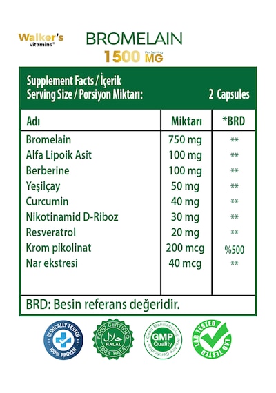 Walker's Vitamin Bromelain 1500 MG Takviye Edici Gıda 60 Kapsül