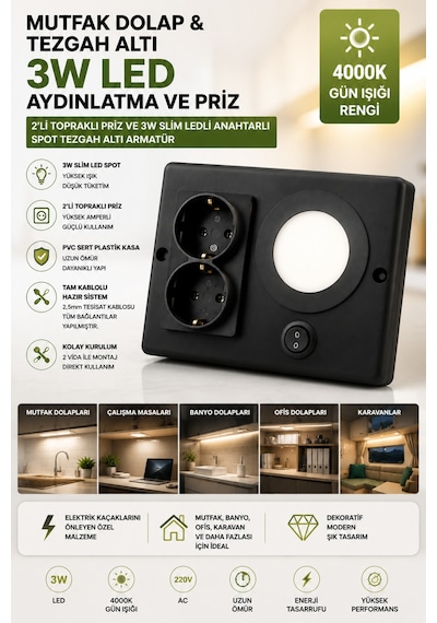 Dolap Tezgah Altı 2'li Priz Ve 3 Watt Anahtarlı Led Spot Aydınlatma Siyah Kasa Işık Ve Akıllı Priz,bango Aydınlatması,mutfak Prizi Dolap Tezgah Altı 2'li Priz Ve 3 Watt Anahtarlı Led Spot Aydınlatma Siyah Kasa Işık Ve Akıllı Priz,bango Aydınlatması,mutfak Prizi