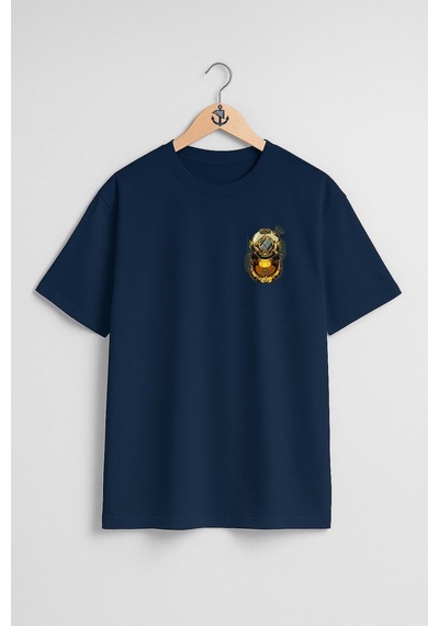 Oversize Gold Dalış Başlığı Cep Ve Sırt Tasarımlı Unisex T-shirt Lacivert