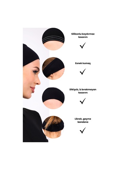 Loggia 2 Adet Kaymayan Silikonlu Bandana Bone Siyah Beyaz - Kadın Tesettür Kaymaz - Sportif Saç Bandı Siyah - Beyaz