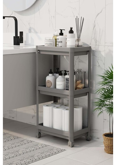 3 Katlı Tekerlekli Raf Ünitesi - Banyo & Mutfak Organizer - Çok Amaçlı Servis Sehpası - Dar Alanlar İçin Pratik Saklama Çözümü Gri