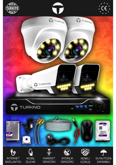 Turkno 4 Kameralı Supia 2 İç Kamera Set 2 TB 5 MP 2K Net Renkli Gece Görüşlü Güvenlik Kamerası Sistemi