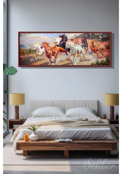 Kanvas Tablo Panoramik Yatay Tekli Salon Mutfak Yatak Odası Ofis Feng Shui Koşan Atlar 759