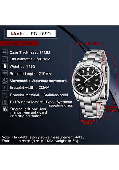 Pagani Design Pd-1690 Oyster Perpetual 38mm 200m Su Geçirmez Japon Nh35 Otomatik Mekanik Paslanmaz Çelik Saat Siyah