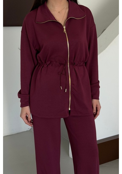 Balenbi Oversize Fermuarlı Beli Bağcıklı Polo Yaka Modal Kadın Takım 1196 - Form Serisi Bordo Balenbi Oversize Fermuarlı Beli Bağcıklı Polo Yaka Modal Kadın Takım 1196 - Form Serisi Bordo