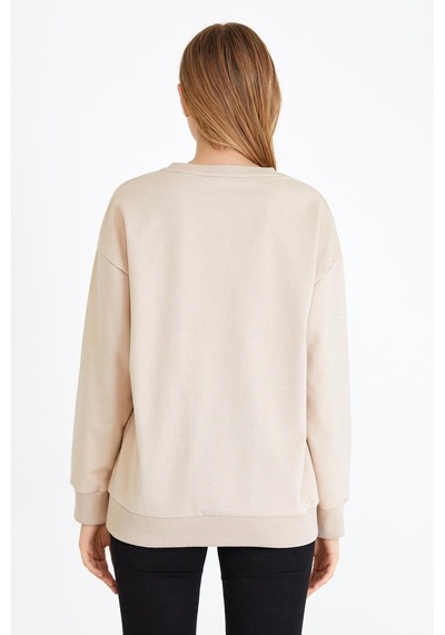 MMetalic Kadın Bej Renk Basic Bisiklet Yaka Sweatshirt