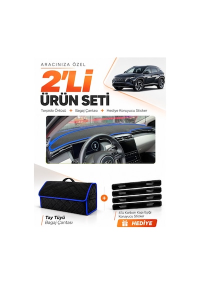 E-biz Hyundai Tucson 2021-2024 Uyumlu Torpido Örtüsü + Tay Tüyü Bagaj Çantası - Siyah-mavi - Hu037