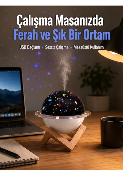 Projektör Işıklı Ve Aromaterapi Destekli Taşınabilir Nemlendirici Cihaz Usb Bağlantılı - Lisinya