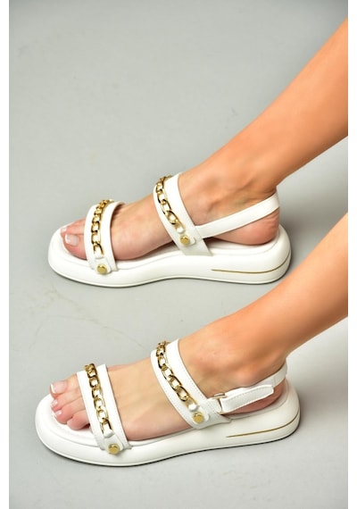 Fox Shoes S518105609 Beyaz Gold Zincir Detaylı Kadın Sandalet Beyaz