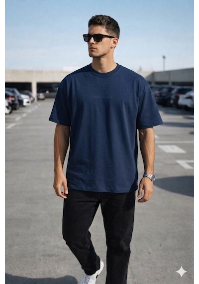 Tarz Cool Erkek Oversize Tişört Minimal Don T Look Back Detaylı Basic Lacivert