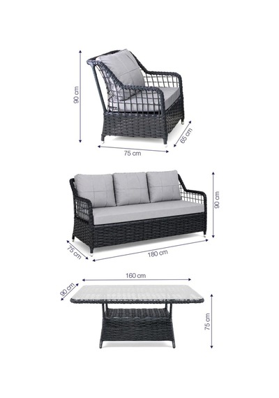 Niron Leo 3'lü Rattan Bahçe Oturma Grubu - Antrasit Temperli Cam Set 3+1+1+2 Puf