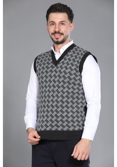 Kzc Tekstil Erkek Baba Ve Orta Yaş Desenli Akrilik Kalın Dokulu V Yaka Triko Süveter Antrasit