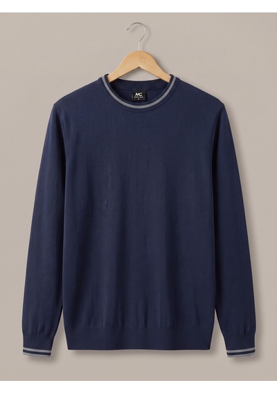 Maccali Erkek Lacivert Kontrast Şeritli Bisiklet Yaka Triko Sweatshirt