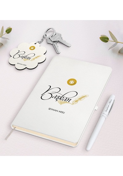 Kişiye Özel Başkan Beyaz Defter Kalem Ve Anahtarlık Seti-3