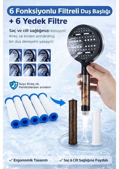 Pureflow Filtreli Duş Başlığı 6 Adet Yedek Filtre Kireç Önleyici Su Arıtıcı 6 Fonksiyonlu Siyah