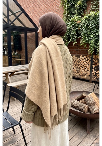Remsa Kadın Yumuşak Dokulu Püskül Detay 200x70cm Atkı Omuz Şalı 1333 Bej