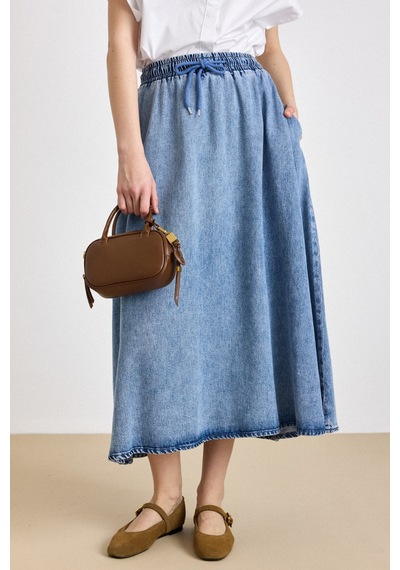 Olcay Beli Lastikli Soft Denim Etek Mavi 7068
