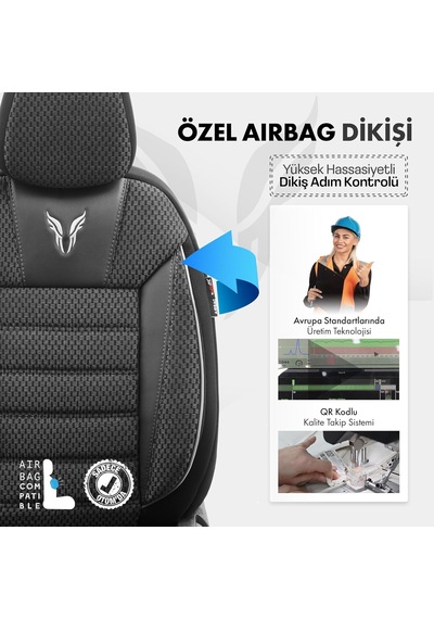 Toro Design Ortopedik Ekstra Destekli Oto Koltuk Kılıfı Özel Pamuklu Kumaş Tam Set - Siyah-gri Standart