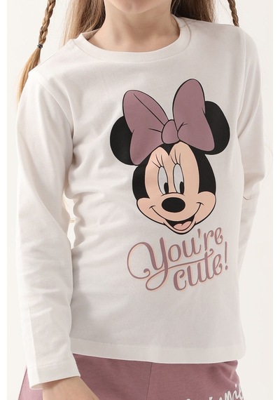 Minnie Mouse Krem Kız Çocuk Uzun Kol Pijama Takım Krem
