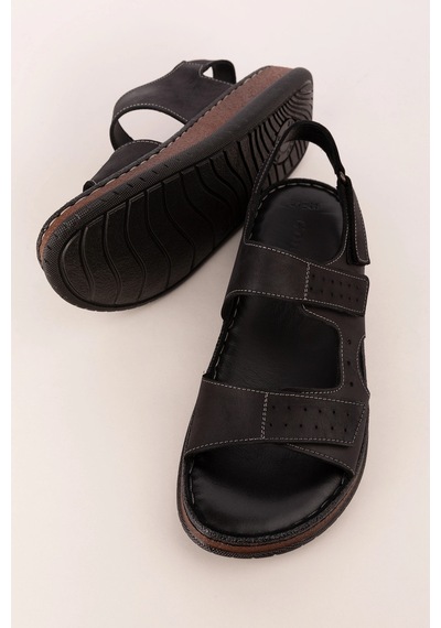 Gondol Unisex Hakiki Deri Cırtlı Ayarlanabilir Rahat Sandalet Hkm.31 Siyah