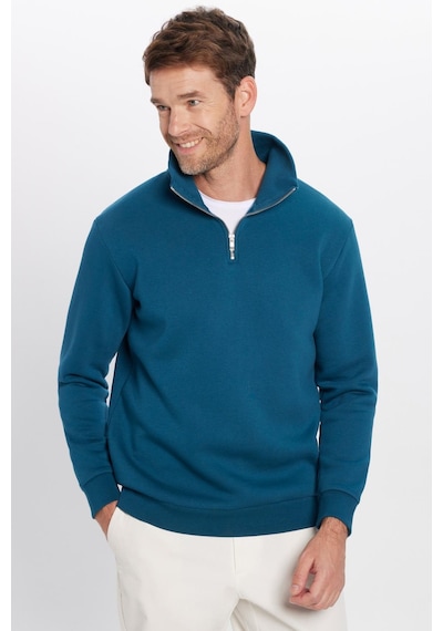 Tudors Unisex Relax Fit Rahat Kesim Pamuklu İçi Polarlı Yarım Fermuarlı İndigo Dik Yaka Sweatshirt-31449 Indıgo İndigo