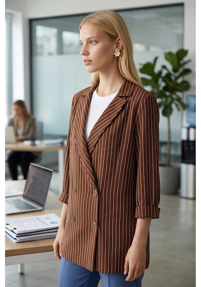 Armonika Kadın Kahve Oversize Duble Kol Kruvaze Yaka Astarlı Blazer Ceket Arm-26k001052