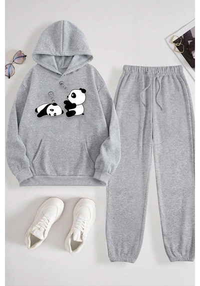 Uyguntarz Unisex Uykucu Panda Baskılı Rahat Eşofman Takımı Gri