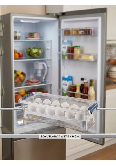 Şeffaf 12'li Yumurta Saklama Kabı Kilitli Kapak Dolap İçi Düzenleyici Kutu 14x37,5x9 Cm