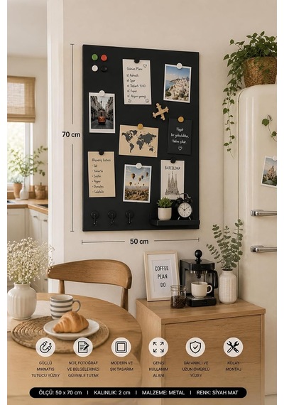 Mıknatıslı Pano - Magnet Panosu - Siyah Ofis/çalışma Odası İçin Mıknatıs Hediyeli Metal Magnet Hatıra Panosu 50x70cm