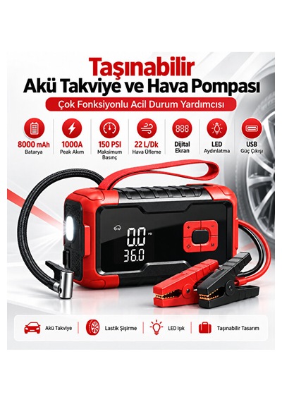 Taşınabilir Akü Takviye Cihazı Ve Dijital Hava Kompresör 1000a 8000 Mah 150 Psı Dijital Ekranlı Led Işıklı Lastik Şişirme