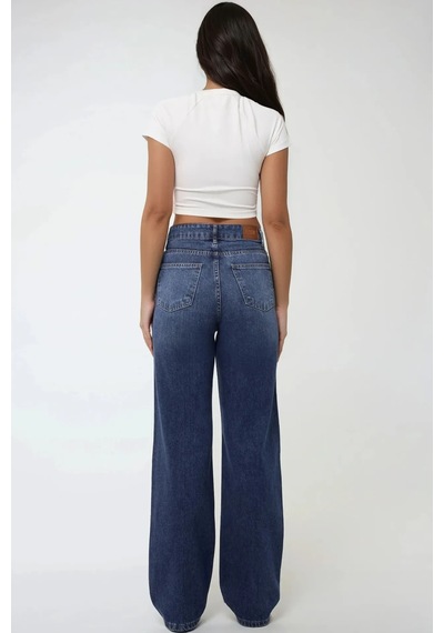 Hiccup Yüksek Bel Straight Kot Pantolon Orta Mavi Denim