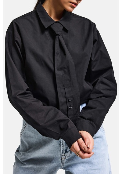 Itsbasic Kadın Siyah Oversize Kravat Detaylı Özel Tasarım Bol Kesim Gömlek