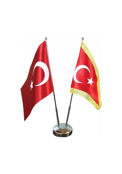Masa Üstü Türk Bayrağı Biri Simli + İkili Krom Direk Masa Bayrak