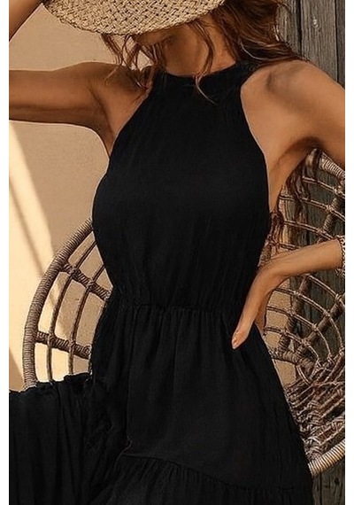 Mythrıva Kadın Kolsuz Halter Yaka Beli Lastiklidesenli Mikro Elbise Siyah