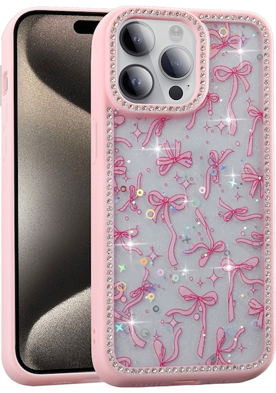 Apple Uyumlu iPhone 14 Pro Max Kılıf Taşlı Ve Simli Tasarım Mkst Azra Kapak - Pembe Pembe
