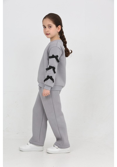 Erdem Kıds Kız Çocuk 3 İplik Şardonlu Kurdele Detaylı Basic Sweatshirt-bol Kesim Palazzo Eşofman Takım Gri Gri