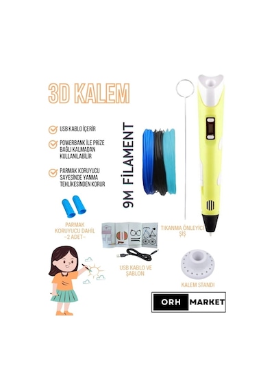 Sarı 3D Kalem 3D Pen Yazıcı Kalem – 3 Adet 3 Metrelik PLA Filament (Toplam 9M) + USB Kablo