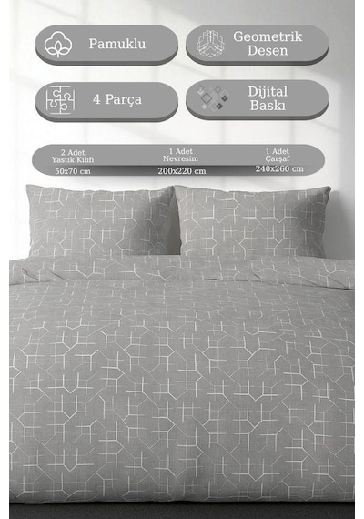4 Parça Çift Kişilik Nevresim Takımı Dijital Baskı Carel Model Gri