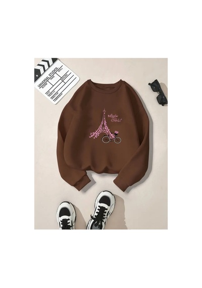 Herkesemoda Eyfel Baskı Detaylı Bisiklet Yaka İçi Polarlı Sweatshirt Kahverengi