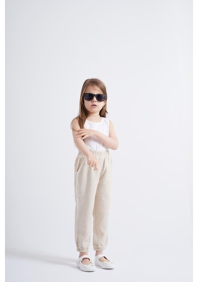 Oliven The Kid Oliventhekid Bej Keten Beli Ve Paçaları Lastikli Cepli Rahat Unisex Çocuk Pantolon Bej Bej