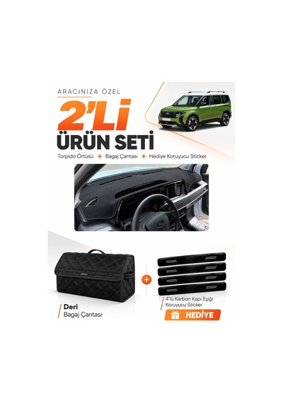 E-biz Ford Courier 2024-2027 Uyumlu Torpido Örtüsü + Deri Bagaj Çantası Seti - Siyah - Fo037
