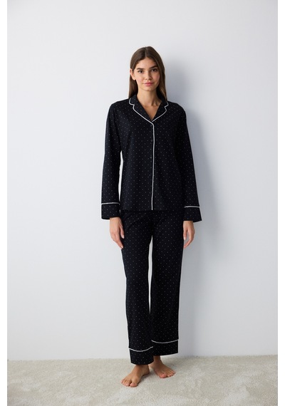 Penti Pamuklu White Dotted Gömlek Pantolon Pijama Takımı Siyah Siyah